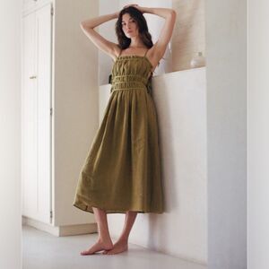 A.ren Gabriella Linen Cotton Midi Dress Olive Green Boho Lagenlook Cottagecore